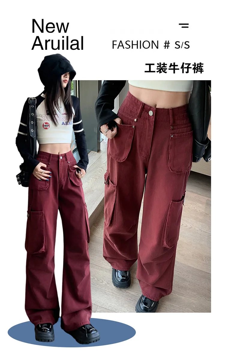 Pantalón Cargo de pierna ancha, de tiro alto, multibolsillo para mujer — Detalles del producto 1
