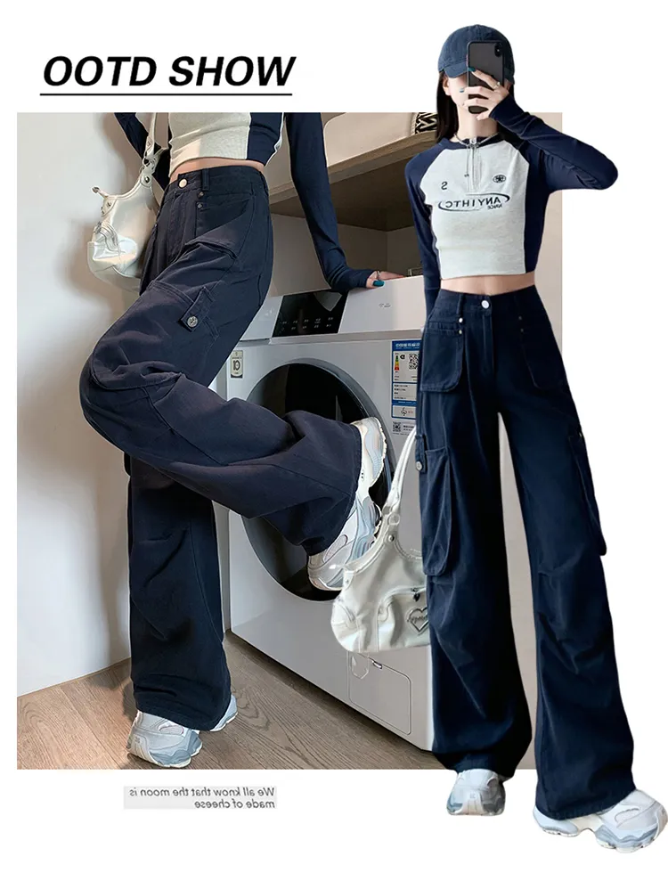 Pantalón Cargo de pierna ancha, de tiro alto, multibolsillo para mujer — Detalles del producto 7