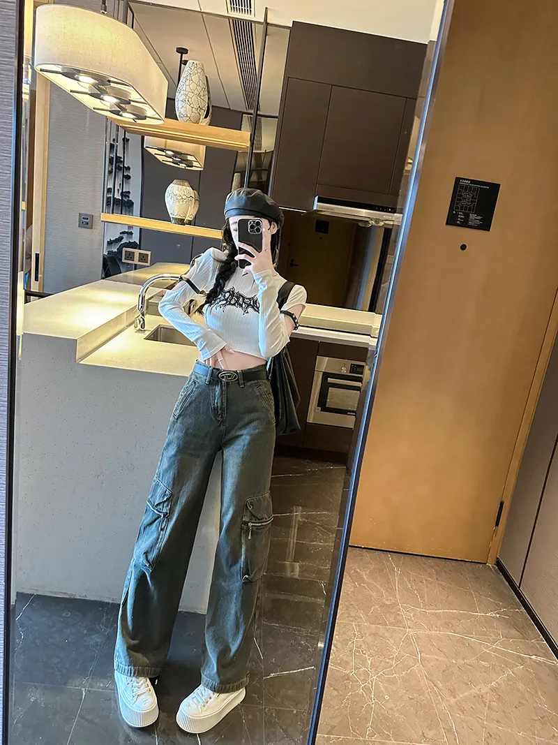 Jeans de pierna ancha, de tiro alto, multibolsillo para mujer — Detalles del producto 1