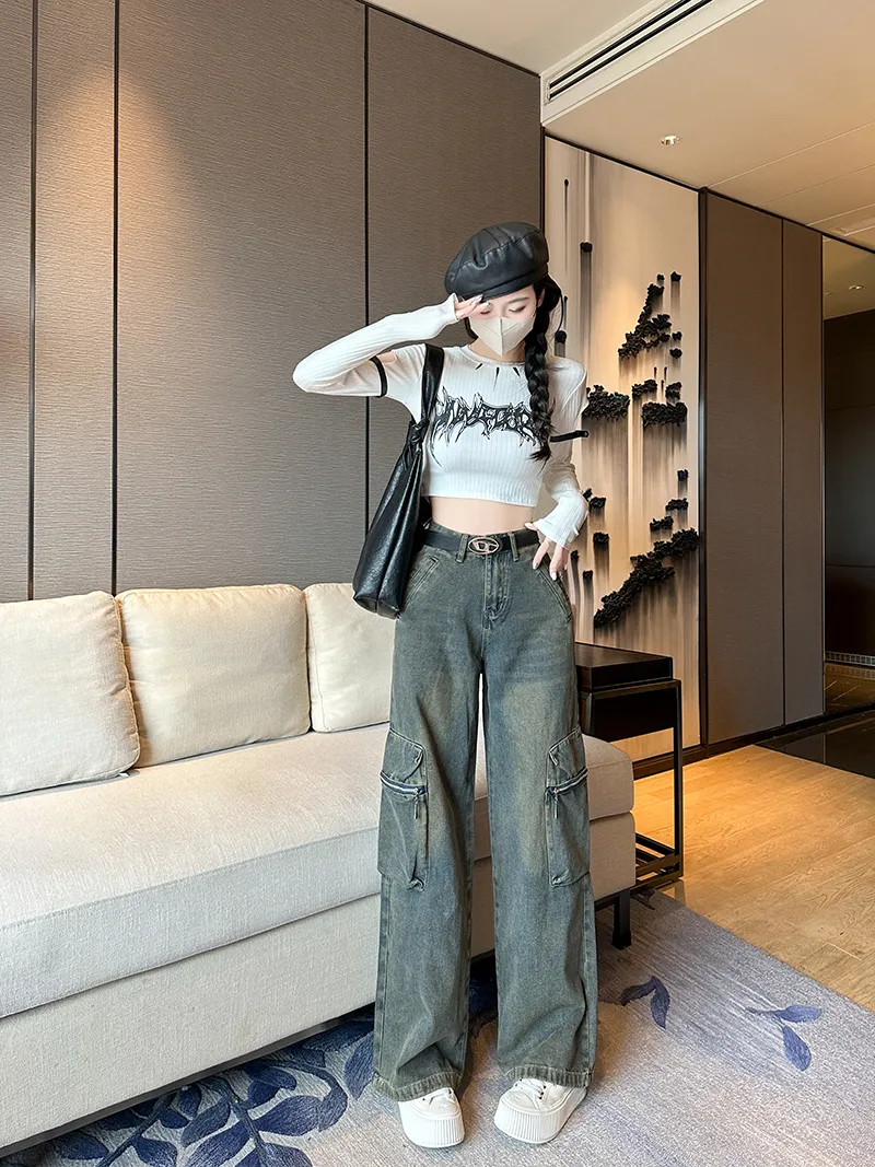Jeans de pierna ancha, de tiro alto, multibolsillo para mujer — Detalles del producto 4