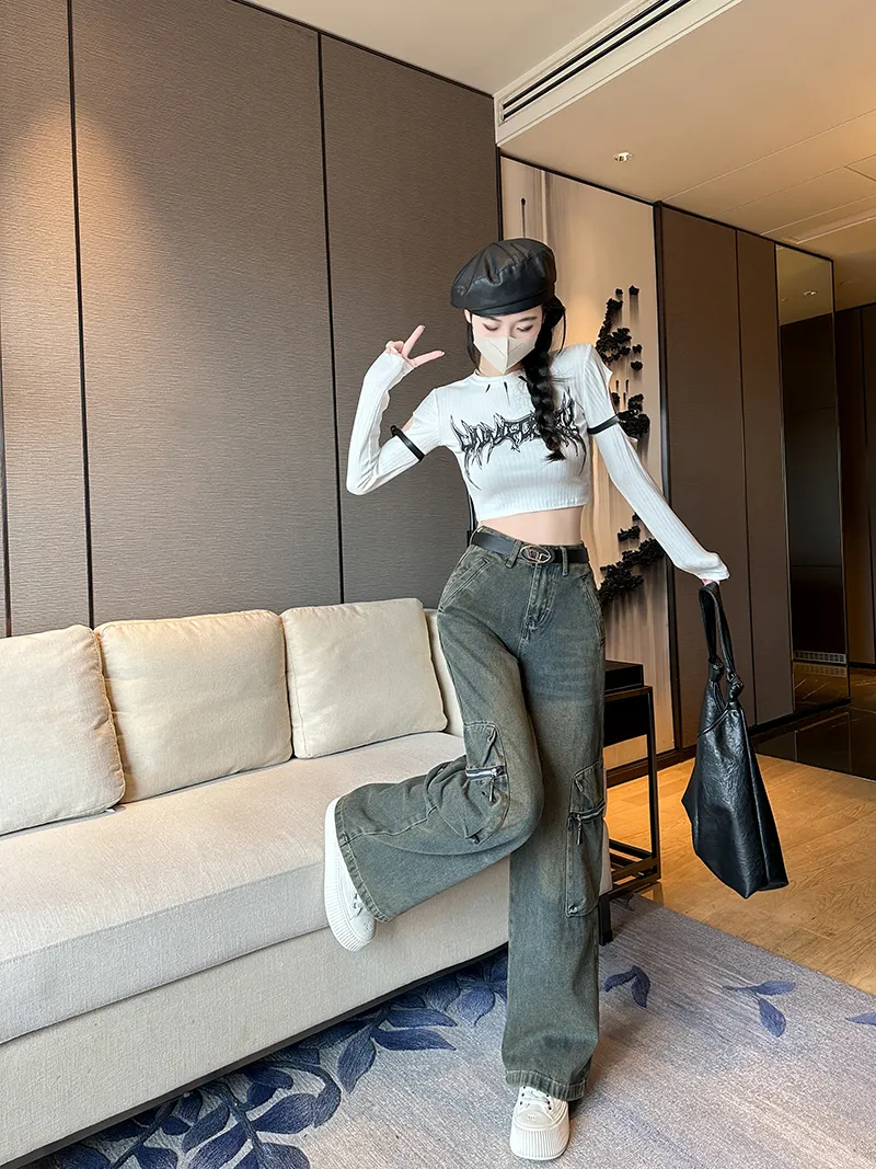 Jeans de pierna ancha, de tiro alto, multibolsillo para mujer — Detalles del producto 5