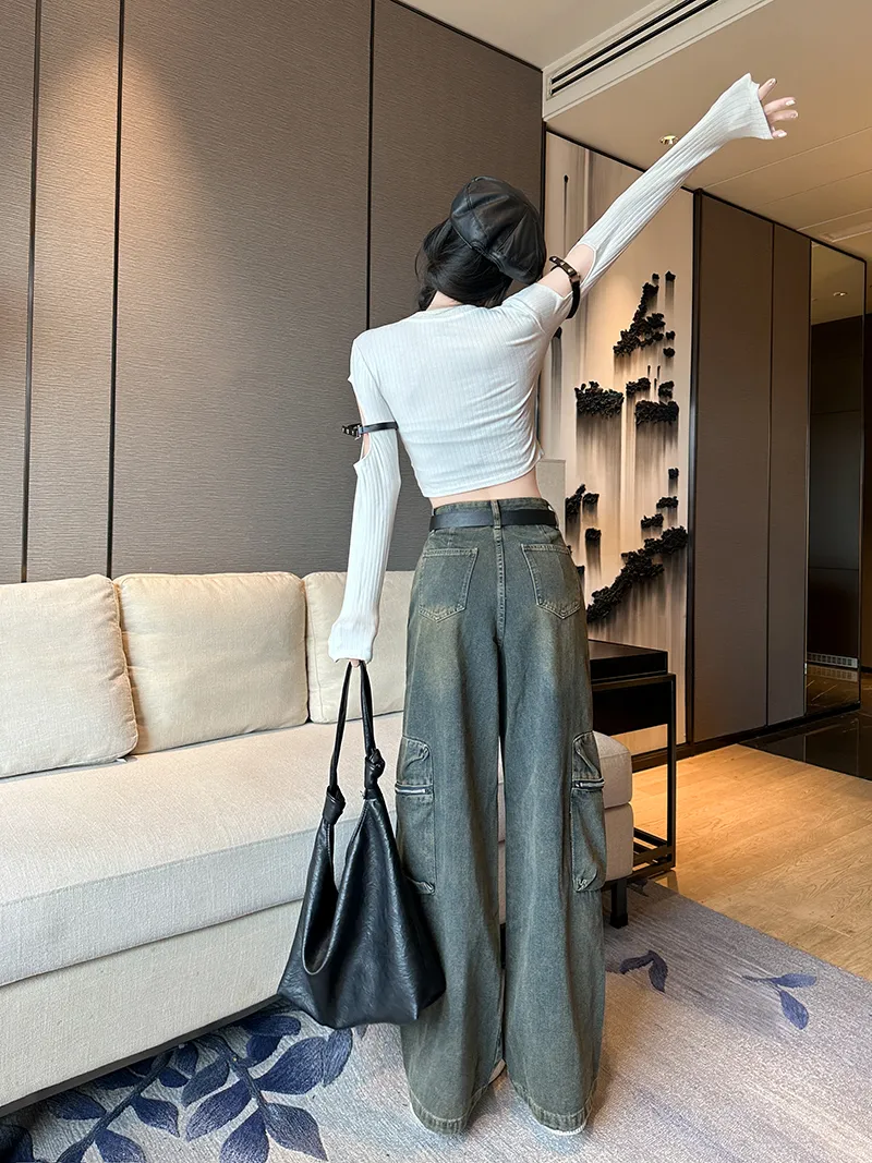 Jeans de pierna ancha, de tiro alto, multibolsillo para mujer — Detalles del producto 6