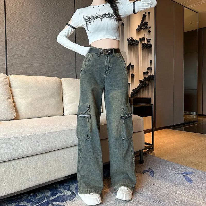 Jeans de pierna ancha, de tiro alto, multibolsillo para mujer — Detalles del producto 9