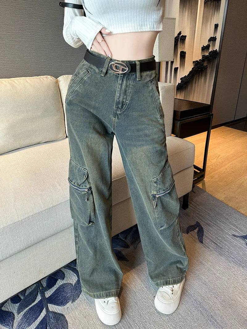 Jeans de pierna ancha, de tiro alto, multibolsillo para mujer — Detalles del producto 10