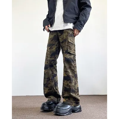 Calça Cargo de corte reto de camuflagem com múltiplos bolsos Masculina — LX-CG-003