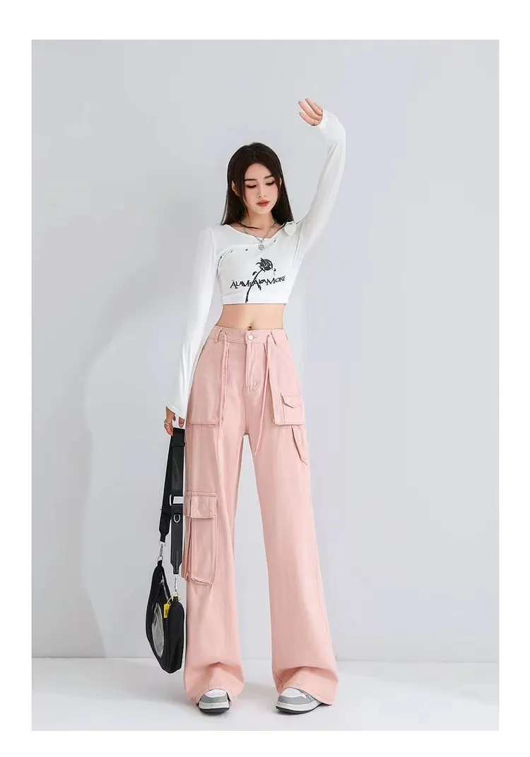 Calça Cargo pernas largas de cintura alta com múltiplos bolsos Feminina — Detalhes do produto 1