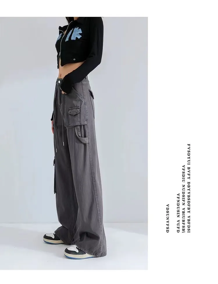 Calça Cargo pernas largas de cintura alta com múltiplos bolsos Feminina — Detalhes do produto 3