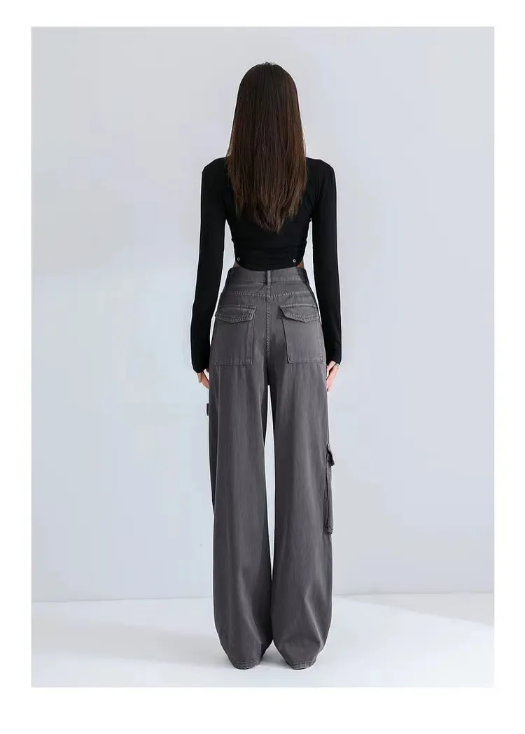 Calça Cargo pernas largas de cintura alta com múltiplos bolsos Feminina — Detalhes do produto 4