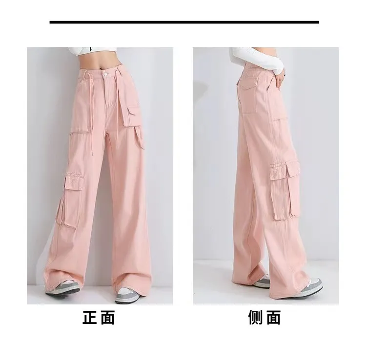 Calça Cargo pernas largas de cintura alta com múltiplos bolsos Feminina — Detalhes do produto 5
