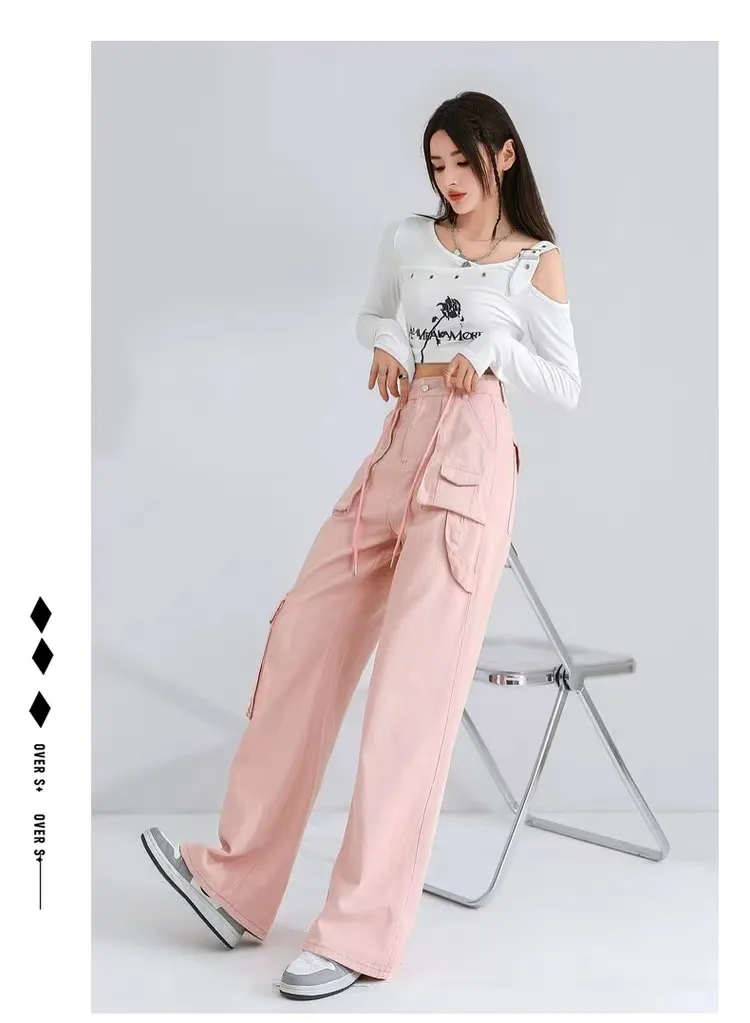 Calça Cargo pernas largas de cintura alta com múltiplos bolsos Feminina — Detalhes do produto 6