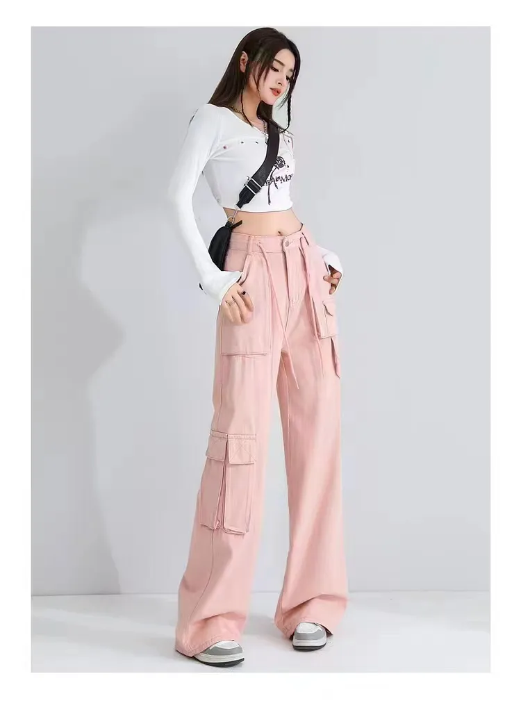 Calça Cargo pernas largas de cintura alta com múltiplos bolsos Feminina — Detalhes do produto 7