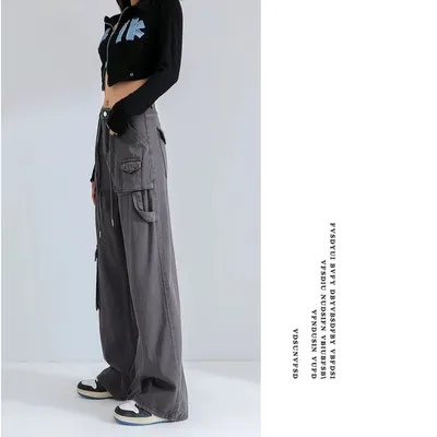 Calça Cargo pernas largas de cintura alta com múltiplos bolsos Feminina — view 3