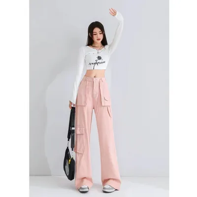 Calça Cargo pernas largas de cintura alta com múltiplos bolsos Feminina — LX-CG-004