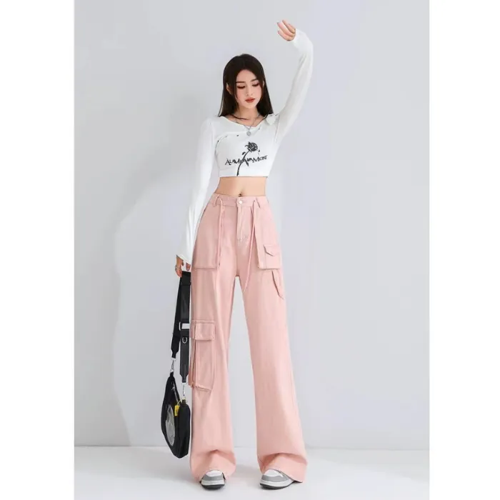 Calça Cargo pernas largas de cintura alta com múltiplos bolsos Feminina — view 1