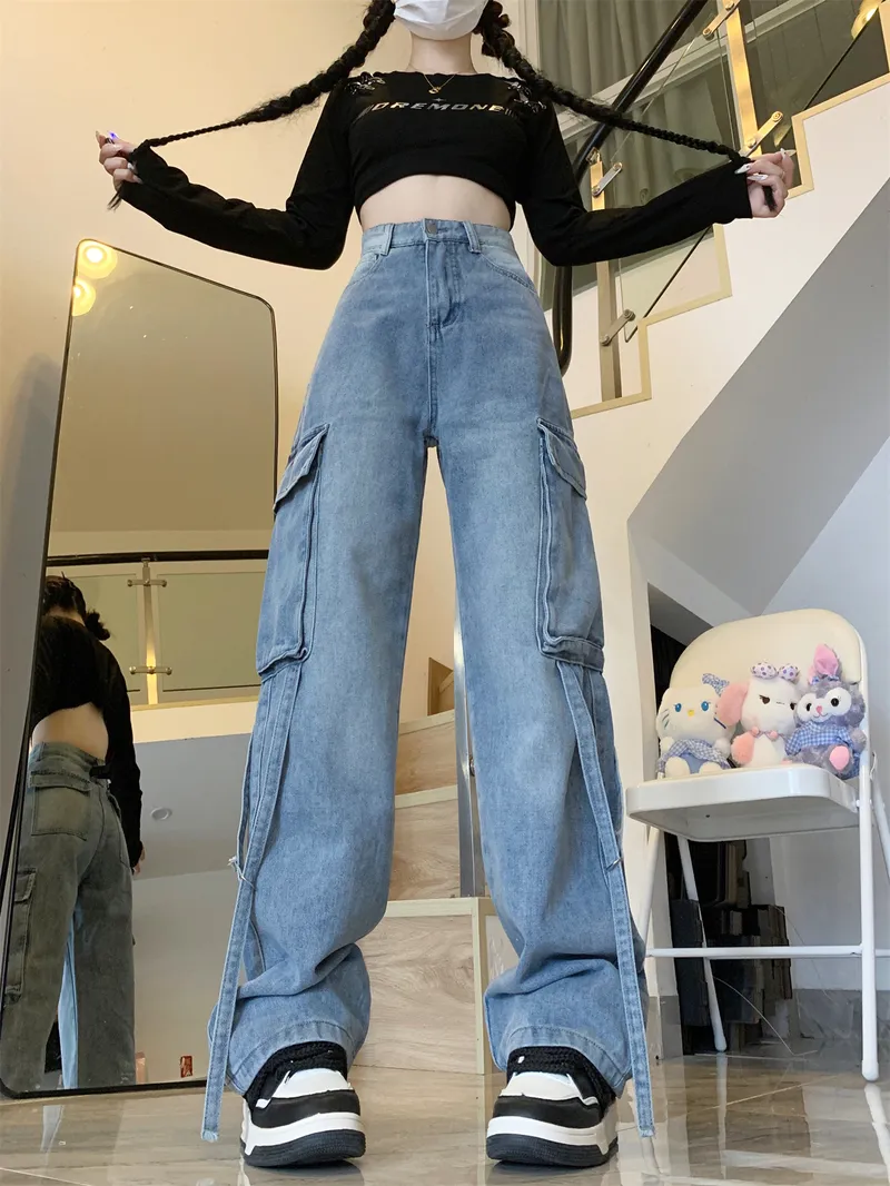 Jeans de pierna ancha, de tiro bajo, con lavado para mujer — Detalles del producto 12