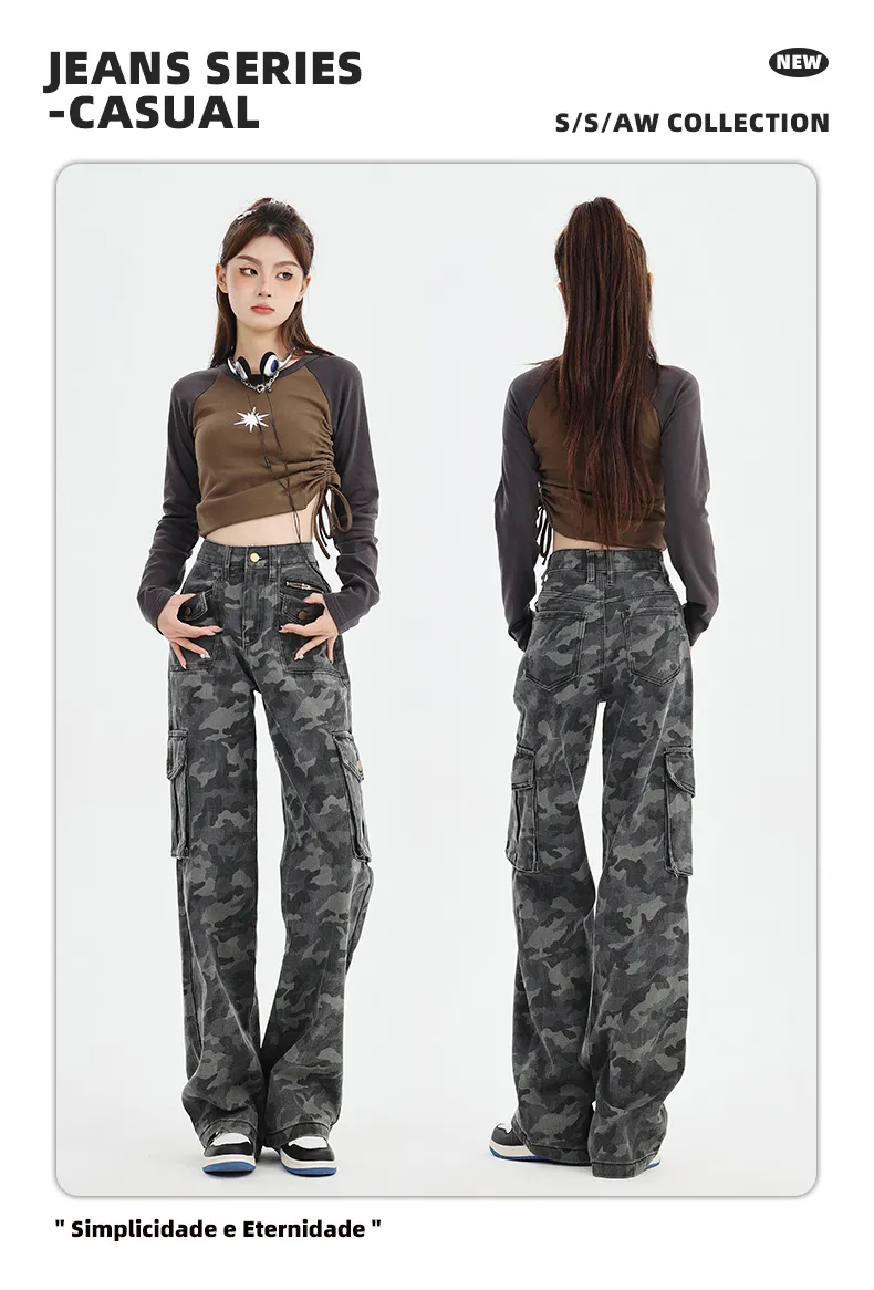 Jeans de pierna ancha, de camuflaje, multibolsillo para mujer — Detalles del producto 1
