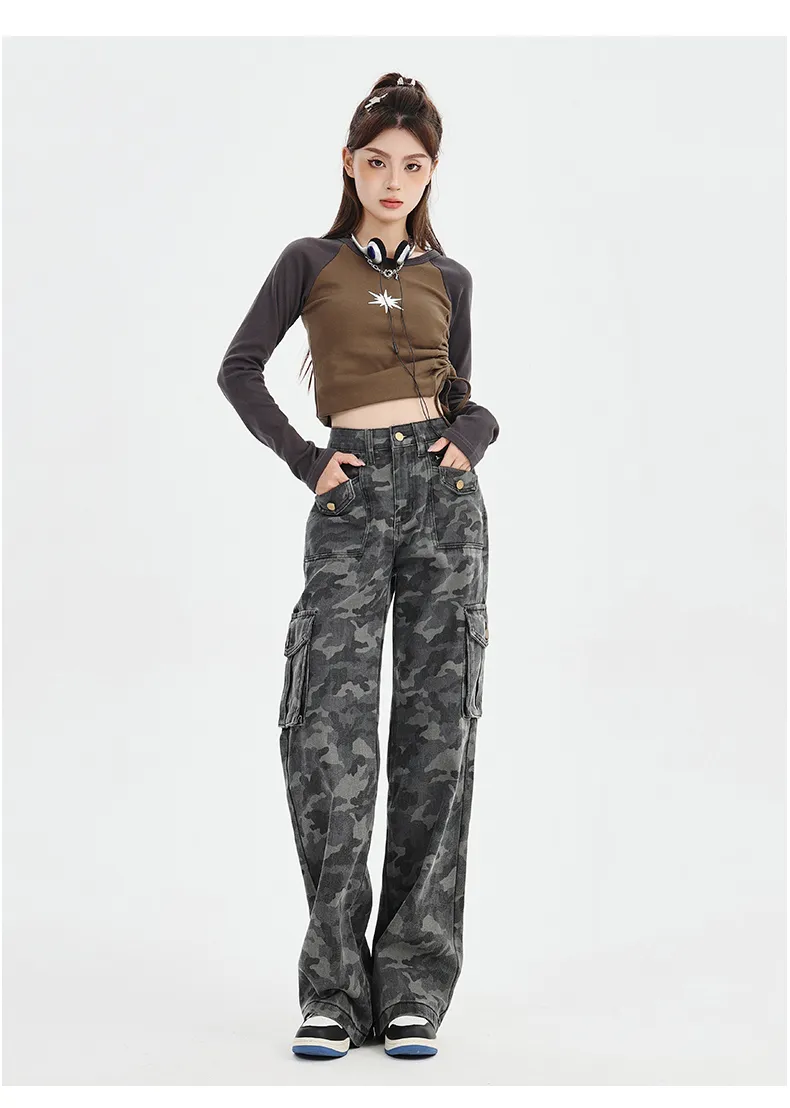 Jeans de pierna ancha, de camuflaje, multibolsillo para mujer — Detalles del producto 7