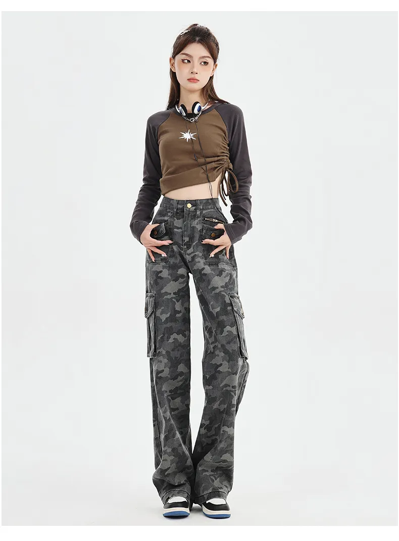 Jeans de pierna ancha, de camuflaje, multibolsillo para mujer — Detalles del producto 8