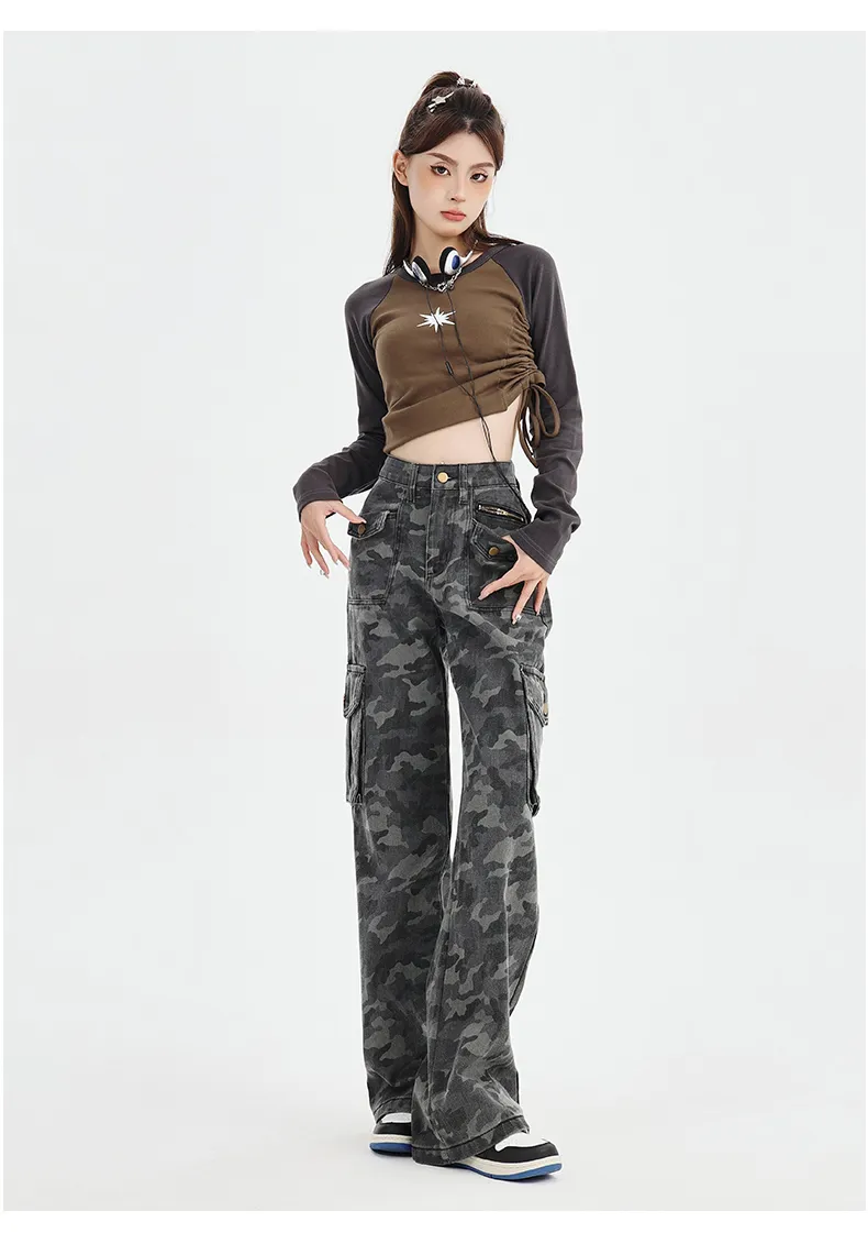 Jeans de pierna ancha, de camuflaje, multibolsillo para mujer — Detalles del producto 9
