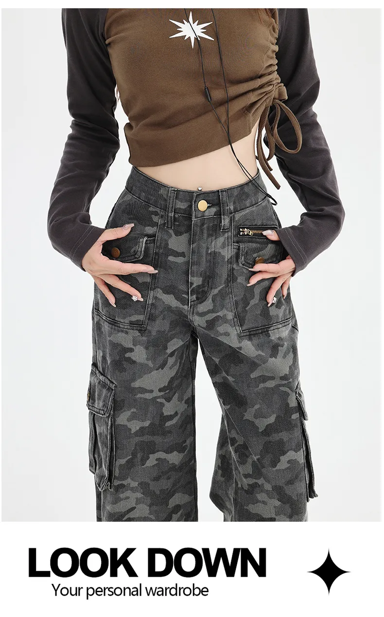 Jeans de pierna ancha, de camuflaje, multibolsillo para mujer — Detalles del producto 10