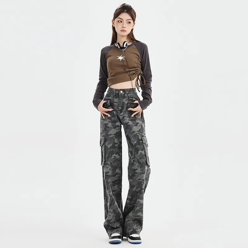 Jeans de pierna ancha, de camuflaje, multibolsillo para mujer — view 1