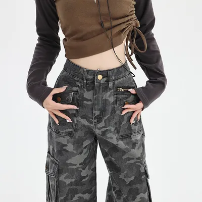 Jeans de pierna ancha, de camuflaje, multibolsillo para mujer — view 4