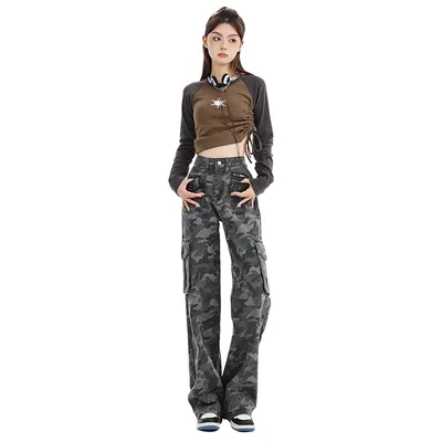Jeans de pierna ancha, de camuflaje, multibolsillo para mujer — view 5