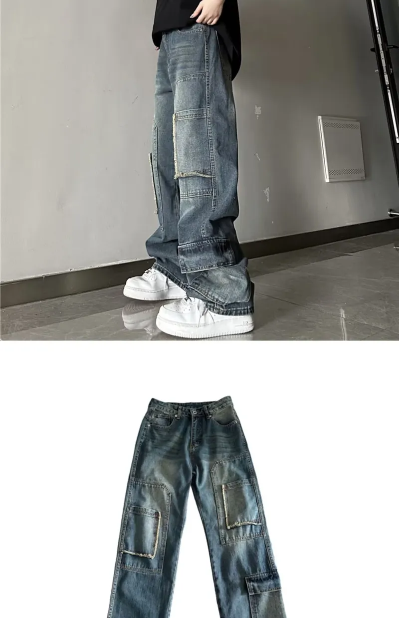 Jeans de pierna ancha, con lavado, multibolsillo para hombre — Detalles del producto 8