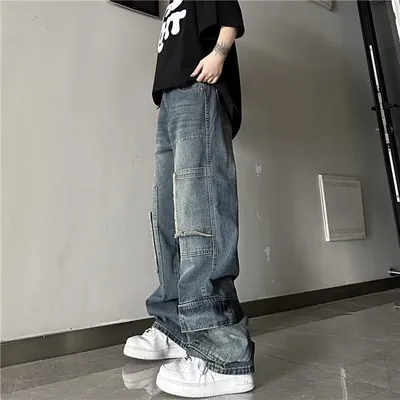 Jeans de pierna ancha, con lavado, multibolsillo para hombre — view 4