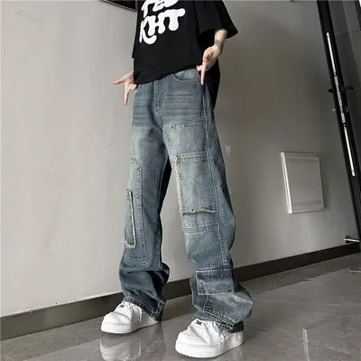 Jeans de pierna ancha, con lavado, multibolsillo para hombre — view 5
