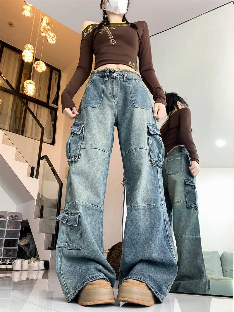 Pantalón Cargo de pierna ancha, con barra deshilachada, multibolsillo para mujer — Detalles del producto 2