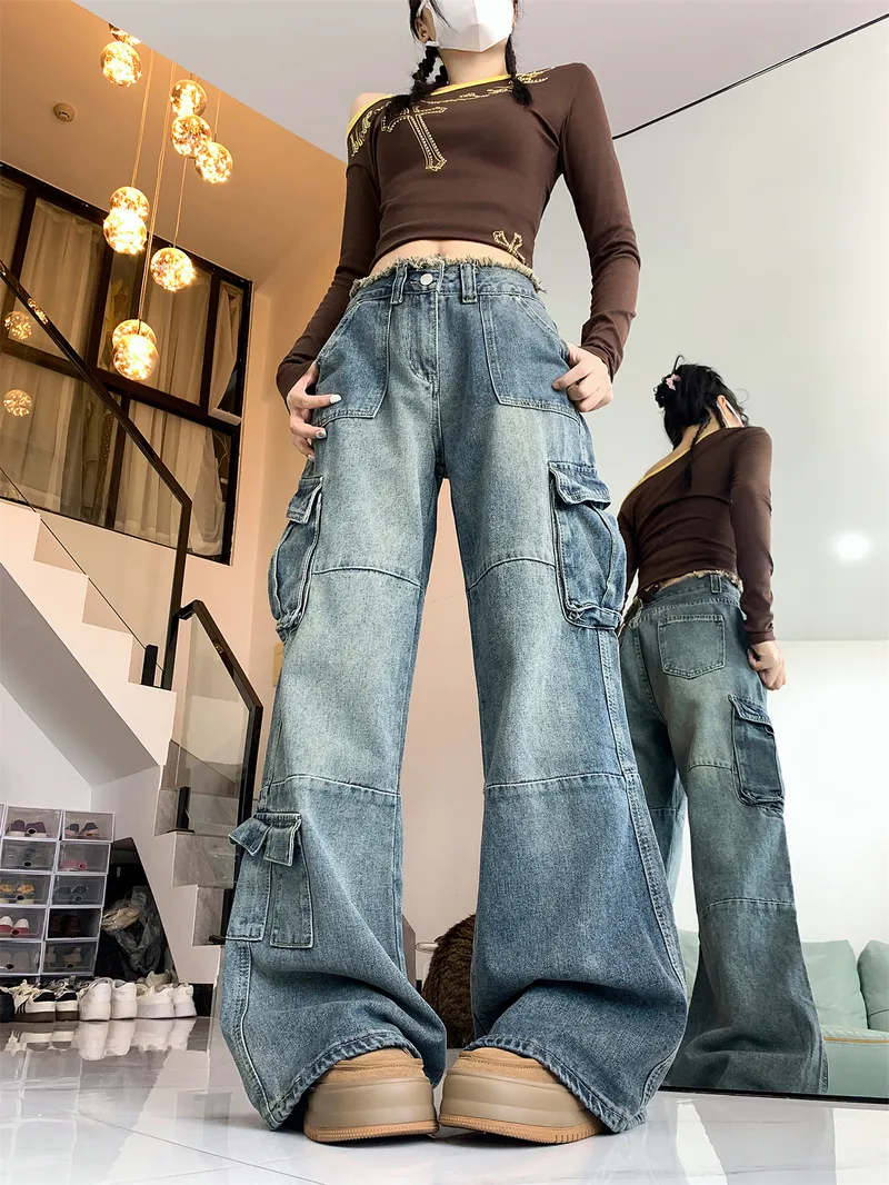 Pantalón Cargo de pierna ancha, con barra deshilachada, multibolsillo para mujer — Detalles del producto 3