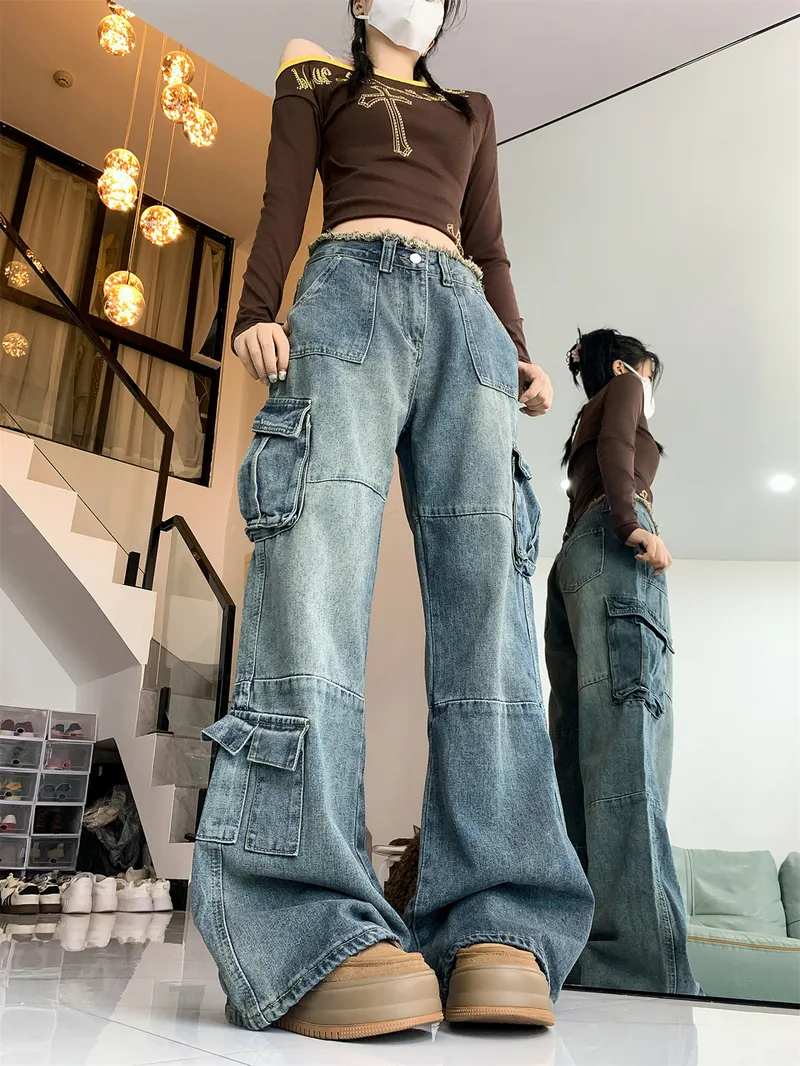 Pantalón Cargo de pierna ancha, con barra deshilachada, multibolsillo para mujer — Detalles del producto 4