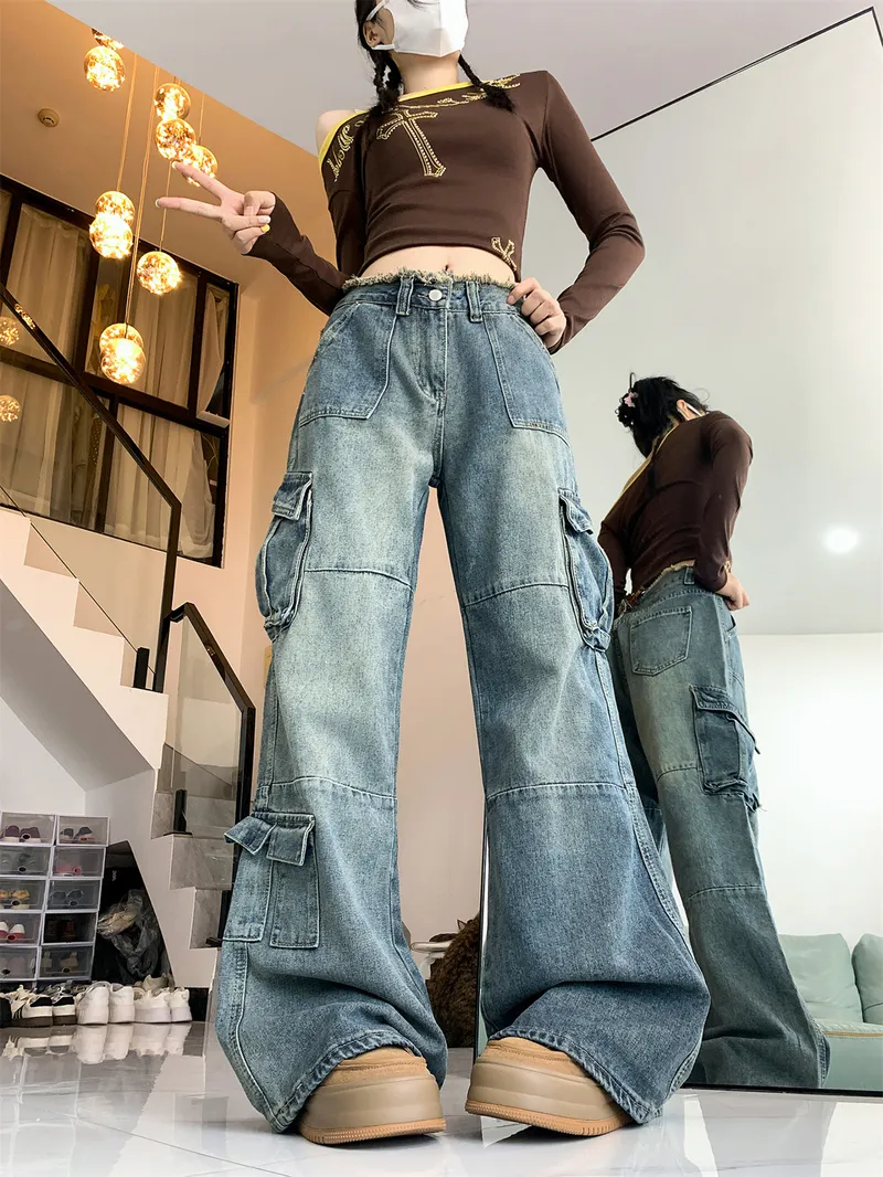 Pantalón Cargo de pierna ancha, con barra deshilachada, multibolsillo para mujer — Detalles del producto 5