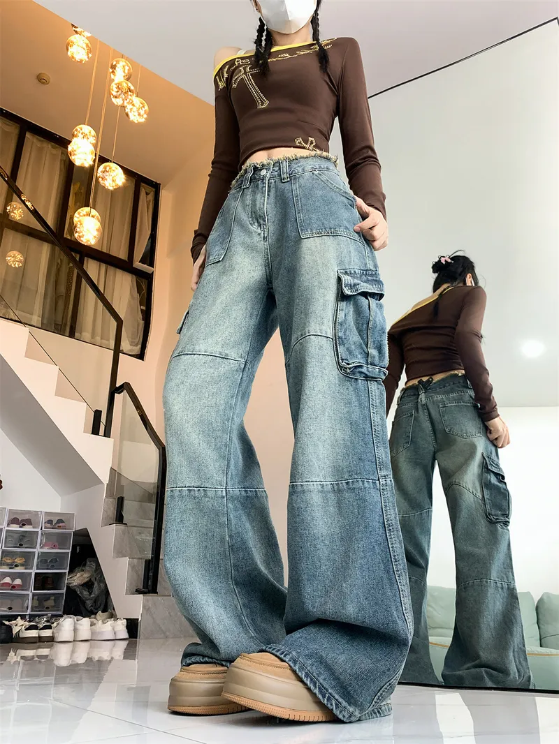 Pantalón Cargo de pierna ancha, con barra deshilachada, multibolsillo para mujer — Detalles del producto 6
