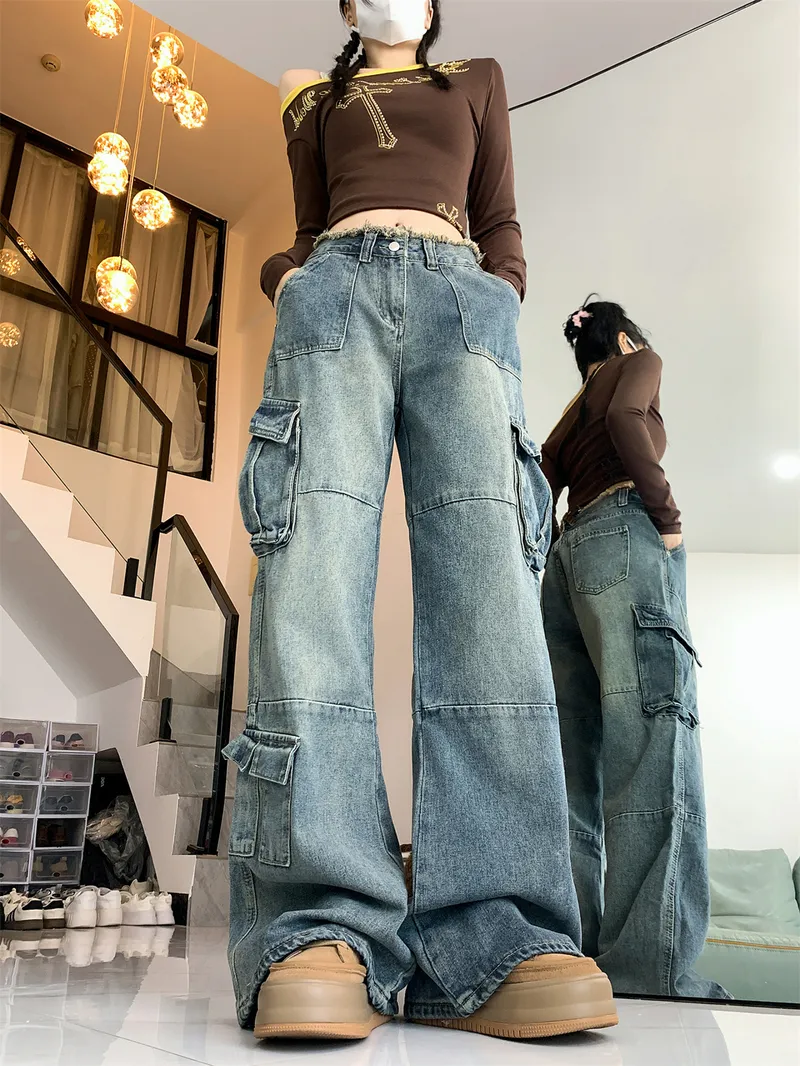 Pantalón Cargo de pierna ancha, con barra deshilachada, multibolsillo para mujer — Detalles del producto 7