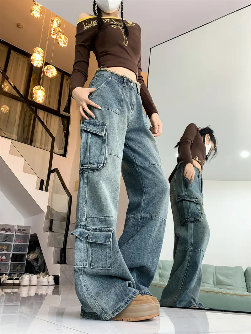 Pantalón Cargo de pierna ancha, con barra deshilachada, multibolsillo para mujer — Detalles del producto 8
