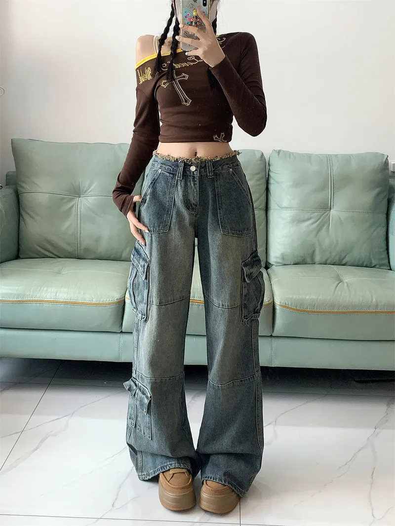 Pantalón Cargo de pierna ancha, con barra deshilachada, multibolsillo para mujer — Detalles del producto 9