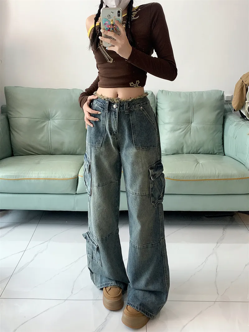 Pantalón Cargo de pierna ancha, con barra deshilachada, multibolsillo para mujer — Detalles del producto 10