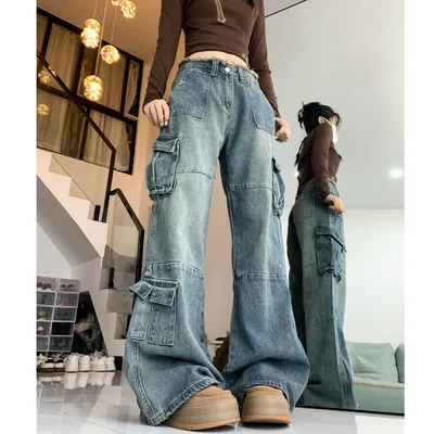 Wide-Leg Frayed Hem Multi-Pocket Cargo Pants — LX-CG-009