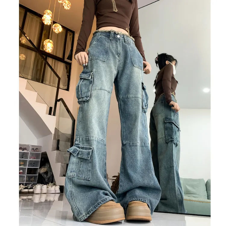 Pantalón Cargo de pierna ancha, con barra deshilachada, multibolsillo para mujer — view 1