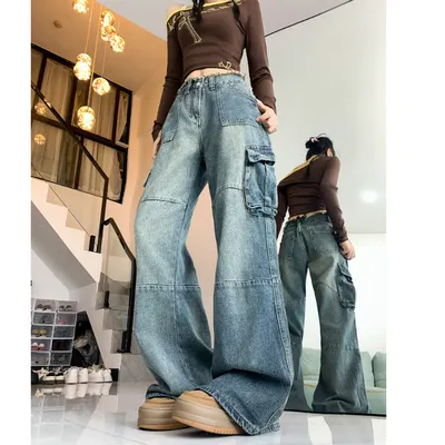 Pantalón Cargo de pierna ancha, con barra deshilachada, multibolsillo para mujer — view 3