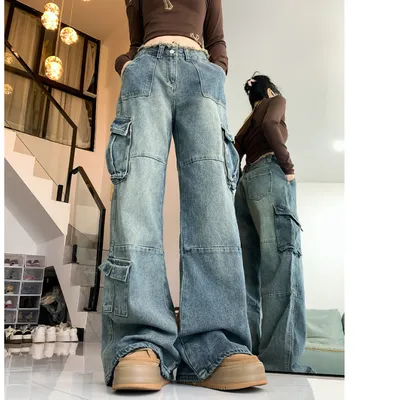 Pantalón Cargo de pierna ancha, con barra deshilachada, multibolsillo para mujer — view 4
