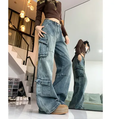 Pantalón Cargo de pierna ancha, con barra deshilachada, multibolsillo para mujer — view 5