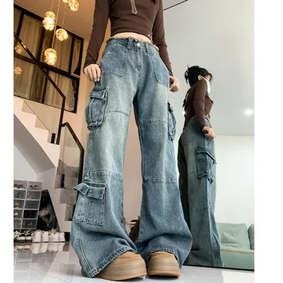 Pantalón Cargo de pierna ancha, con barra deshilachada, multibolsillo para mujer — view 6