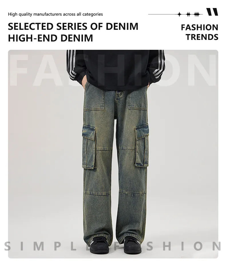 Calça Jeans de corte reto com lavagem com múltiplos bolsos Masculina — Detalhes do produto 1