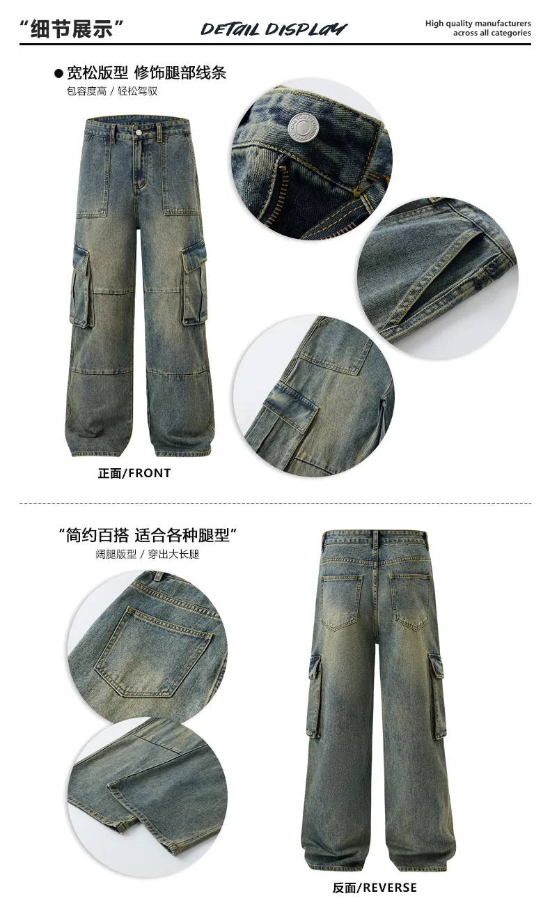 Calça Jeans de corte reto com lavagem com múltiplos bolsos Masculina — Detalhes do produto 3