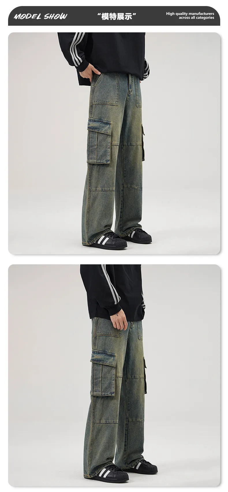 Calça Jeans de corte reto com lavagem com múltiplos bolsos Masculina — Detalhes do produto 8