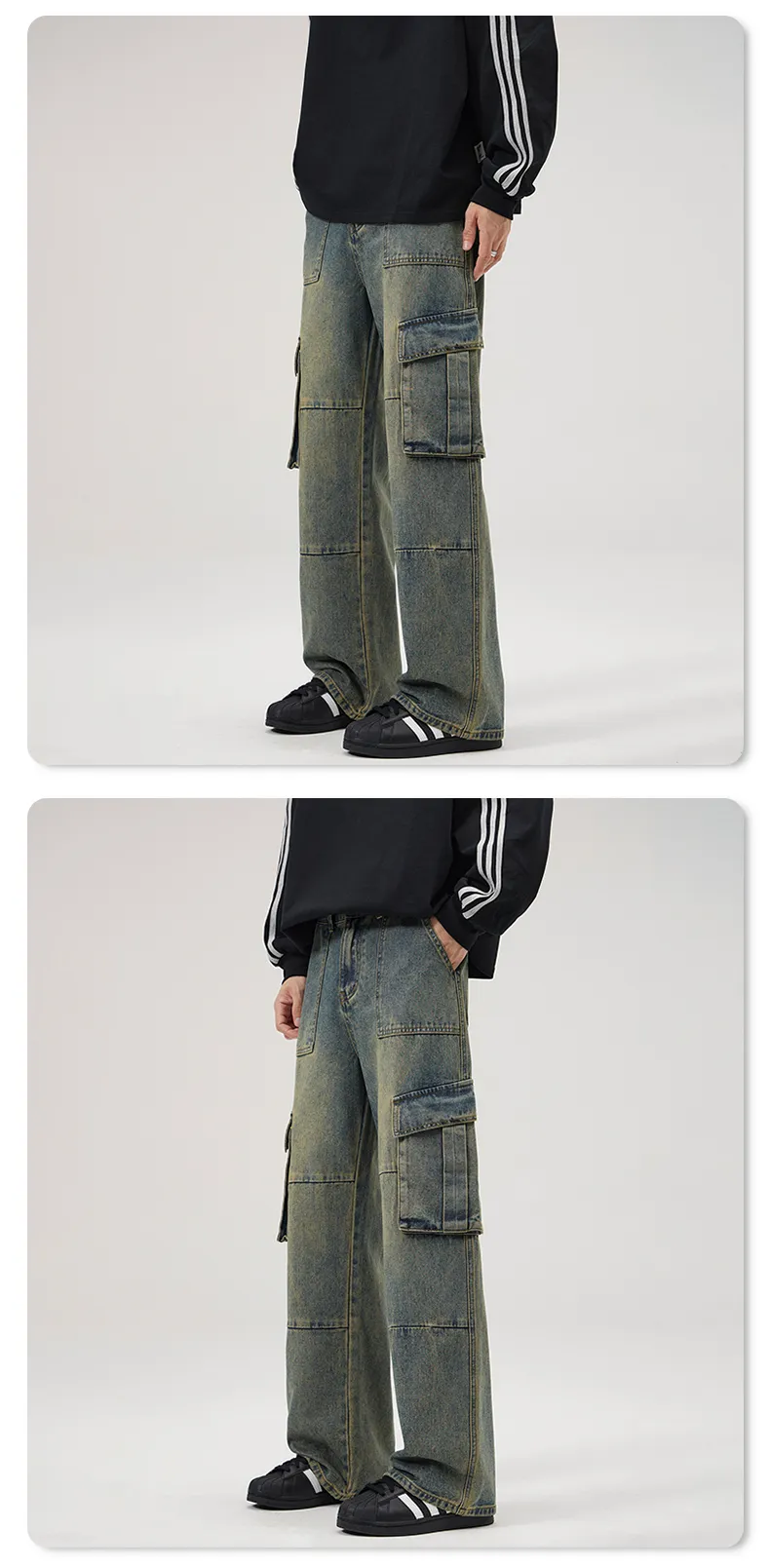Calça Jeans de corte reto com lavagem com múltiplos bolsos Masculina — Detalhes do produto 9