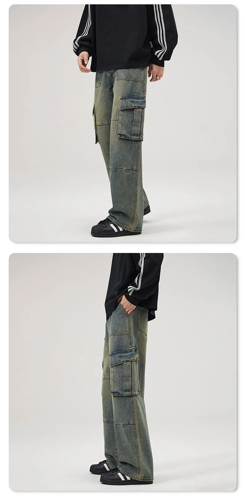 Calça Jeans de corte reto com lavagem com múltiplos bolsos Masculina — Detalhes do produto 10